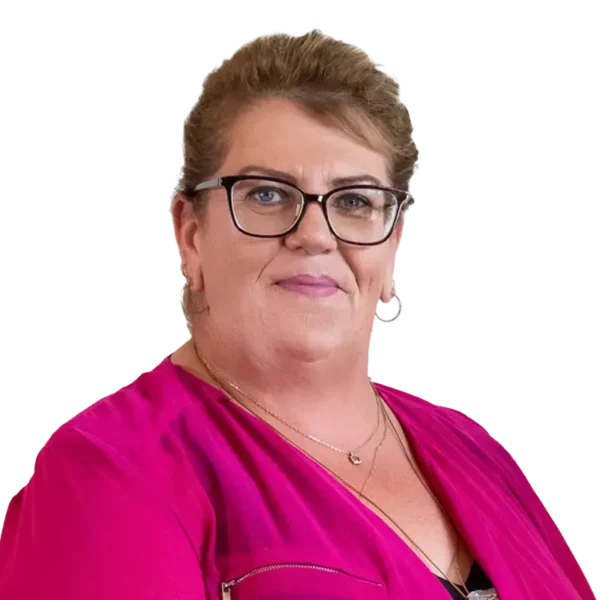 Rayleen O'Brien, wearing glasses and a pink shirt.